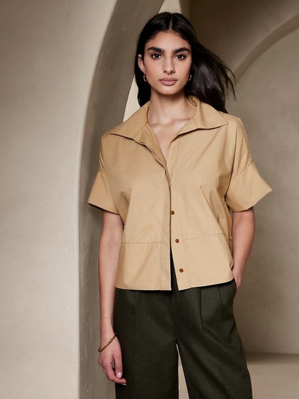 Banana Republic Laurel French-Cuff Shirt - Tan Women's Top Safari Size Large